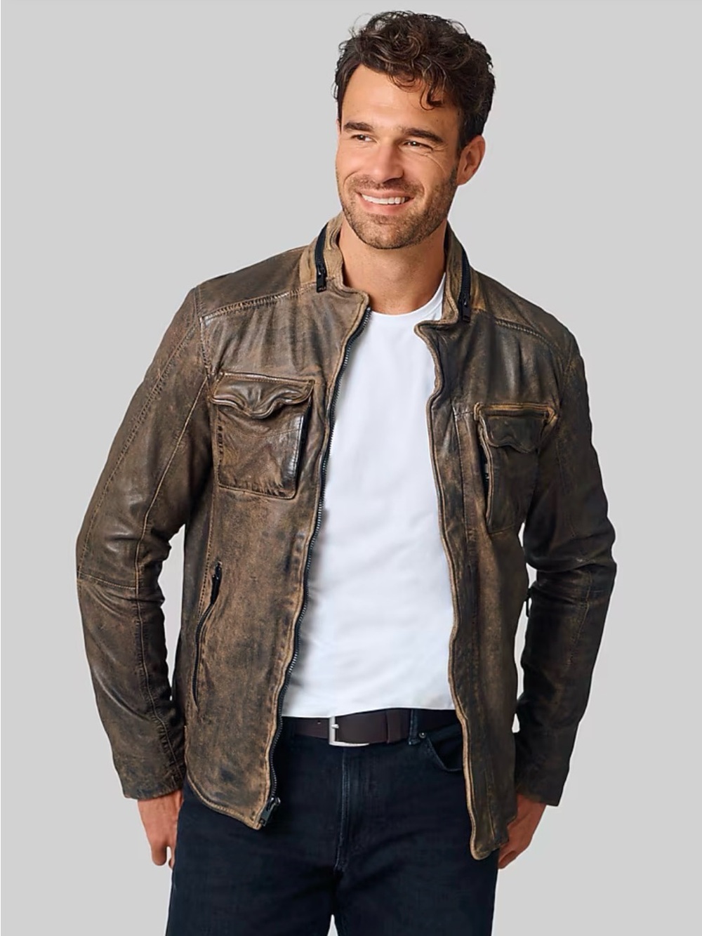 Men's Mauritius Grey Leather Jacket - Classic Moto Style